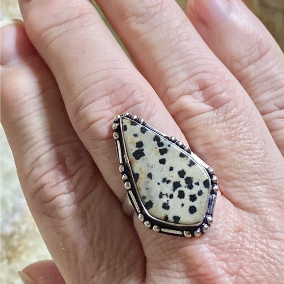 Dalmatian Jasper Natural Gemstone Ring, coffin shape, .925 Sterling overlay. - Picture 2 of 6